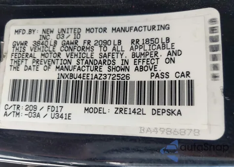 2010 Toyota Corolla S из США, поврежденный, VIN 1NXBU4EE1AZ372526